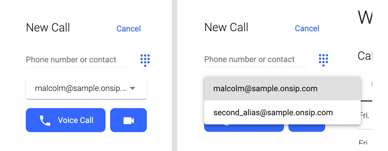Your multiple SIP aliases can be found in a dropdown menu in the OnSIP app.